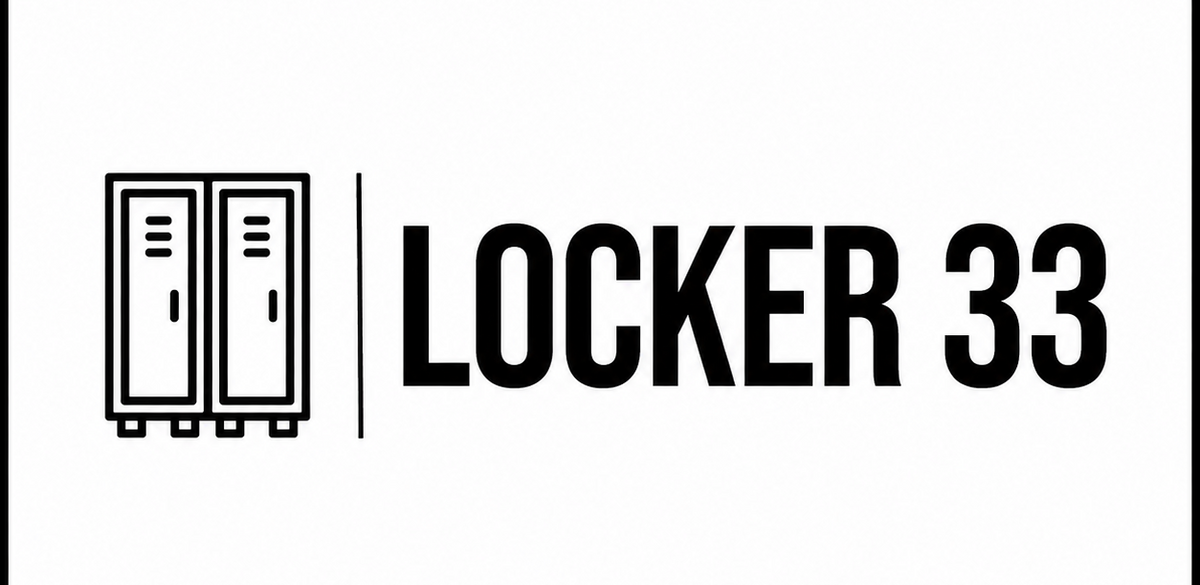 A minimalist black graphic featuring a small locker icon next to the bold text 'LOCKER 33' on a white background with a thin black border.