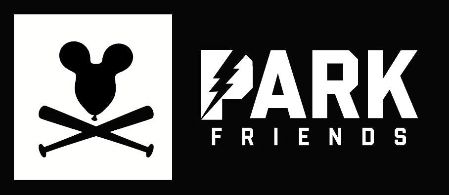 Black and white graphic featuring a black silhouette of a Mickey Mouse-shaped head with crossed bats on a white square, alongside the text 'PARK FRIENDS' in bold white lettering on a black background.