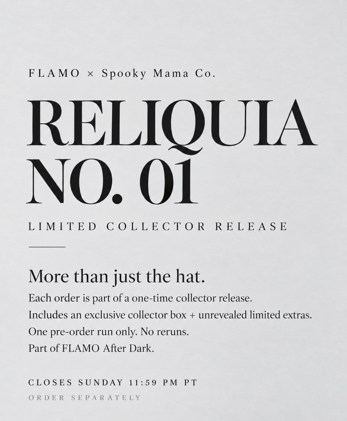 Promotional graphic for the 'Reliquia No. 01' limited collector release by FLAMO x Spooky Mama Co.