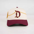 D Chain cream and burgundy snapback hat with old English D embroidery and gold chain detail