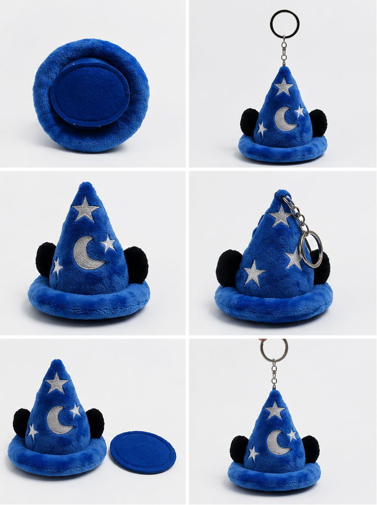 A plush wizard hat keychain shown in multiple views on a light gray background. The hat is royal blue with embroidered white stars and a white crescent moon, plus black pom-pom ears.